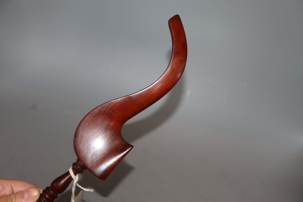 A 19th century mahogany and bone knitting sheath, A E 1858 in pique work, length 24.5cm